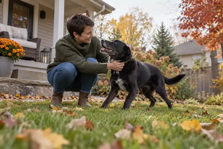 Woman and dog play near a suburban porch in autumn