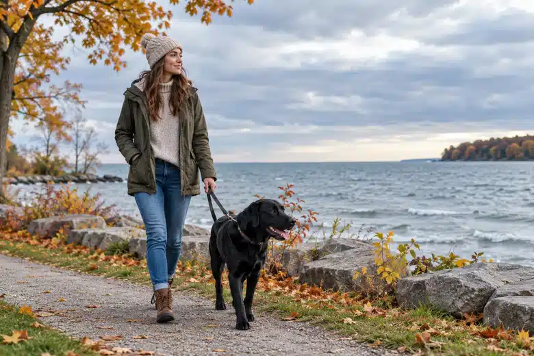 Woman walking a Labrador beside an illustrative Lake Erie shoreline