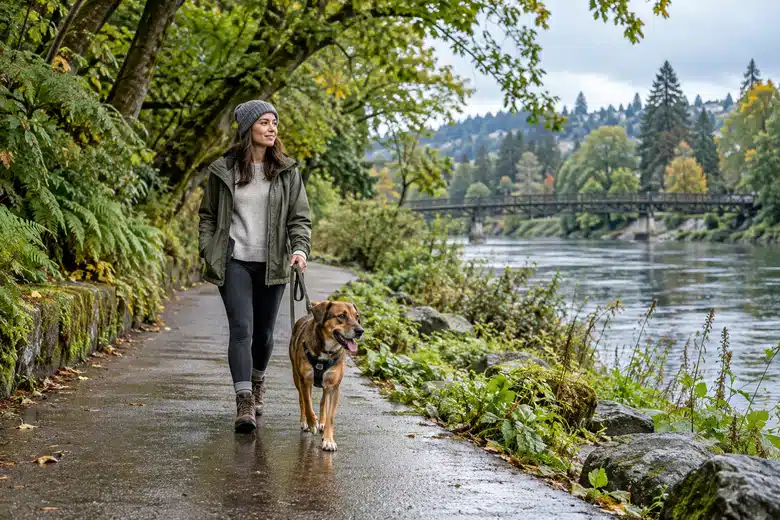 Dog and owner walking a lush rain-damp Pacific Northwest riverside path