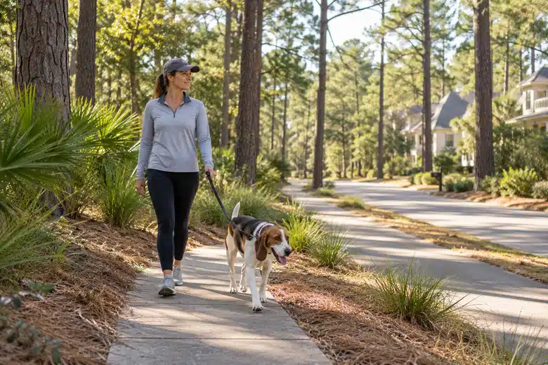 Leashed hound walking along a pine-shaded neighborhood sidewalk in a generic North Carolina setting