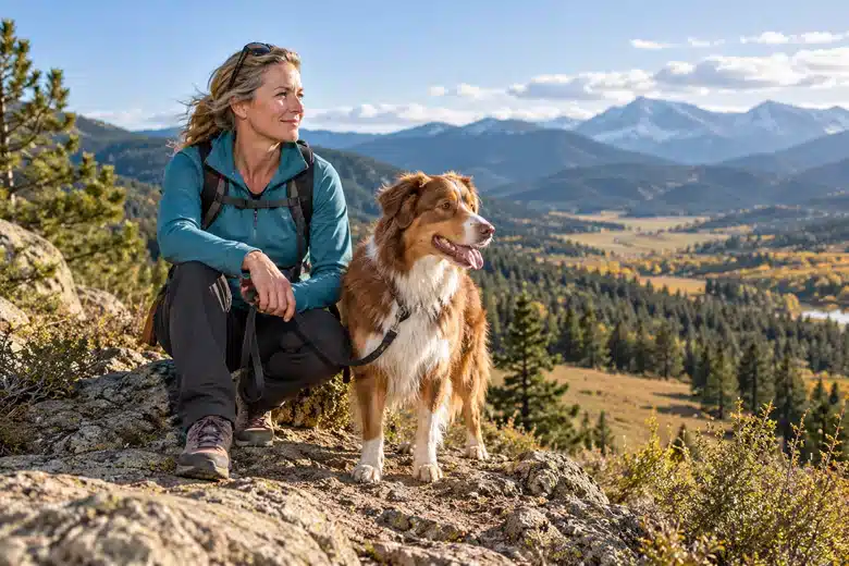 Woman and Australian shepherd on an illustrative mountain trail