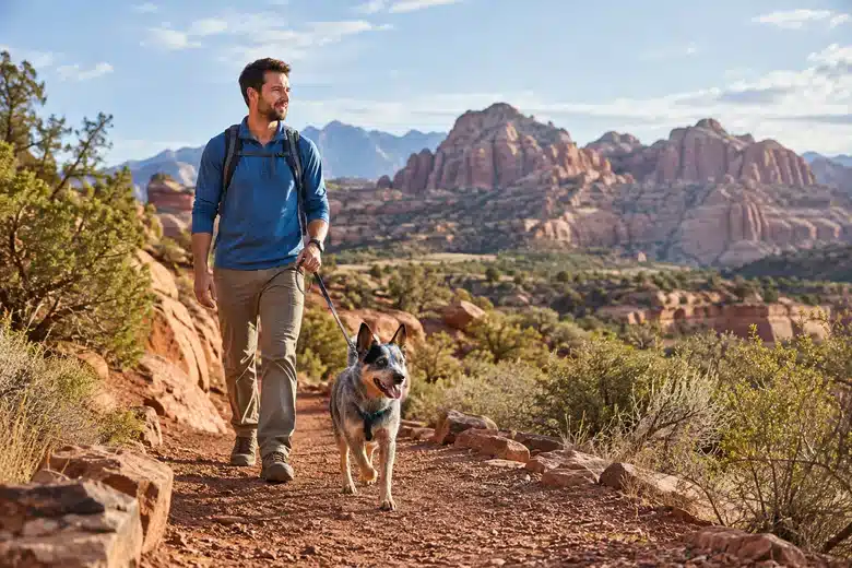 Owner and cattle dog on a Utah trail with distant sandstone hills
