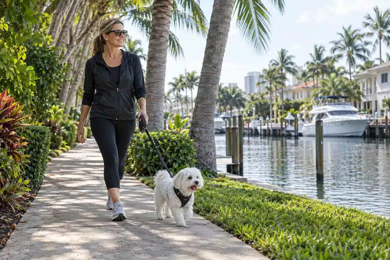 Owner and white dog on a shaded Fort Lauderdale walkway near palms and a canal