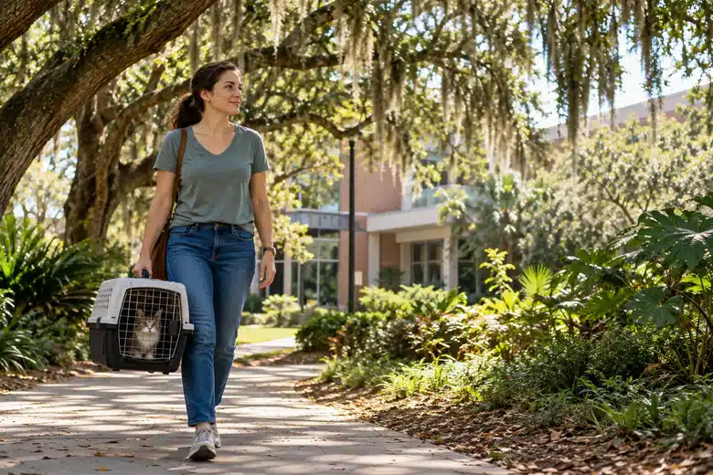 An adult carrying a cat carrier beneath oak trees near a generic veterinary campus