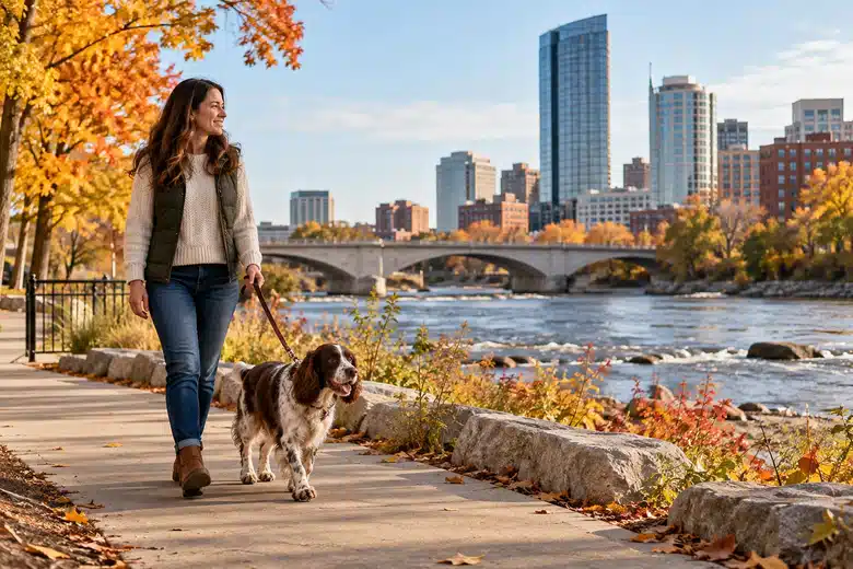 Dog walker beside the Grand River in an illustrative Grand Rapids scene