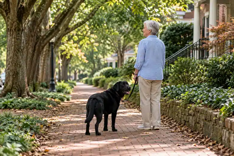 A neighborhood walk places insurance planning within everyday pet care