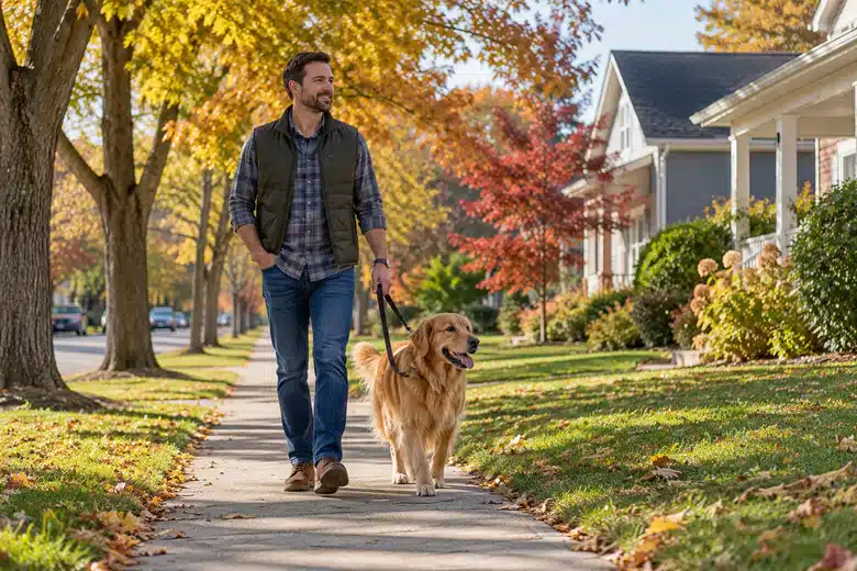 Man walking his dog along a suburban autumn sidewalk