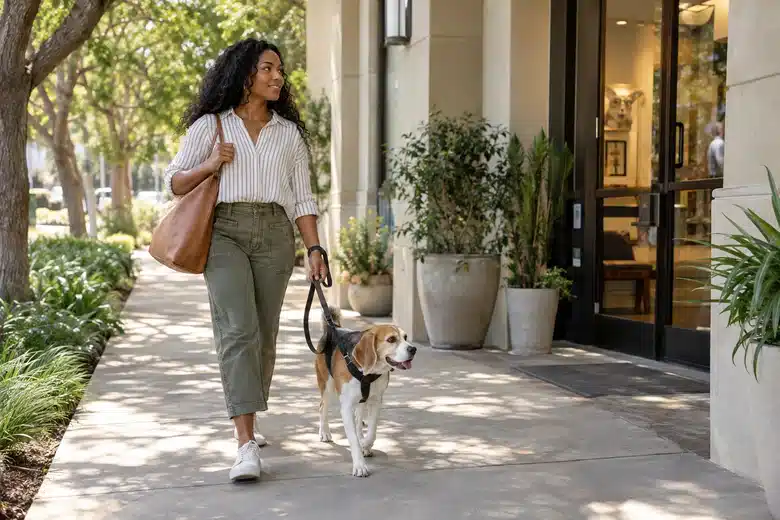 Woman walking a beagle on a shaded sidewalk beside a building