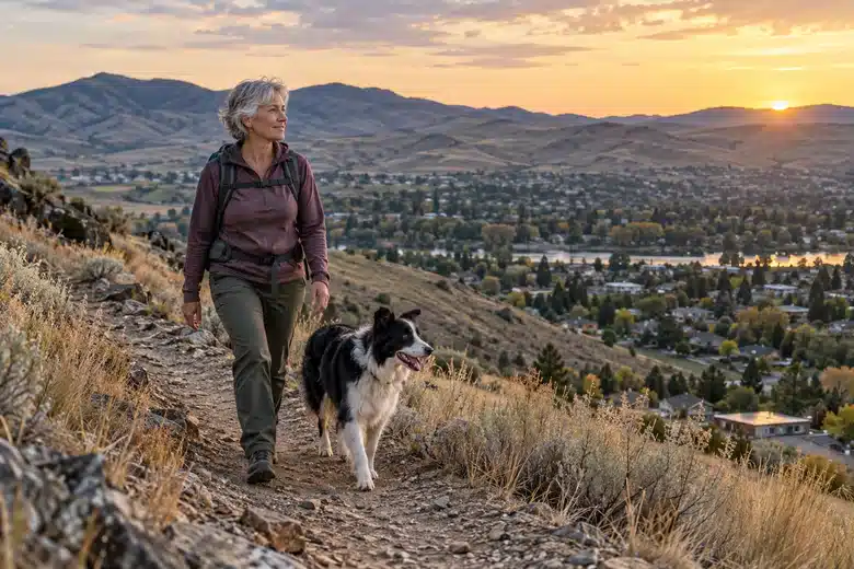 Woman and border collie walk a foothill trail near an Idaho town