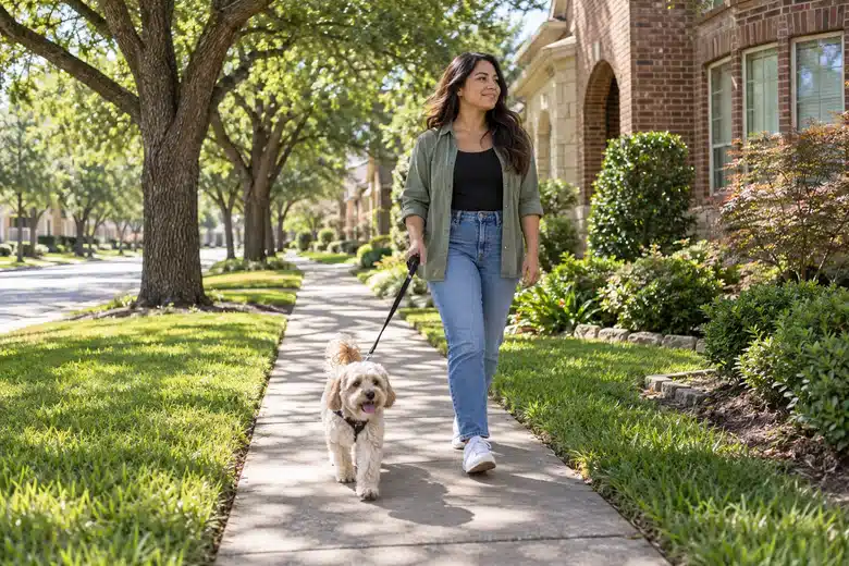 Woman walking a small dog beside a shaded North Texas residential street