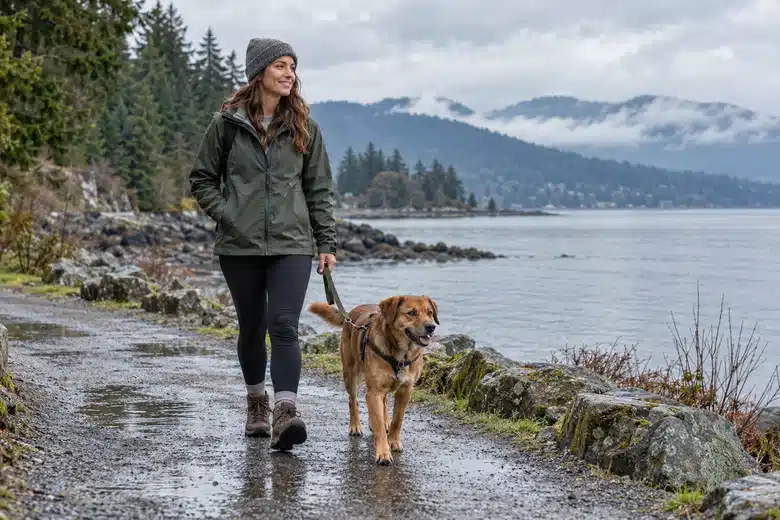 Owner walking a dog on a Pacific Northwest waterfront path