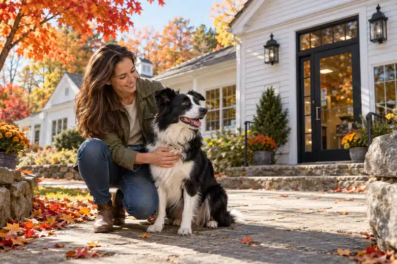 Woman with a border collie outside New England clapboard architecture in autumn