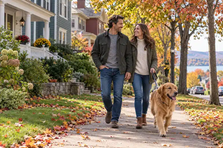 Couple walking a dog on a leafy residential street