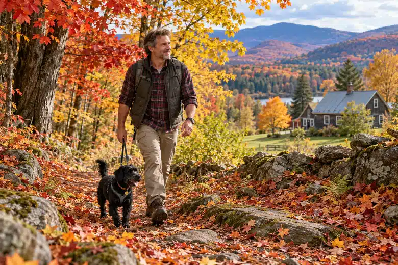 Owner and dog beside a rural autumn trail