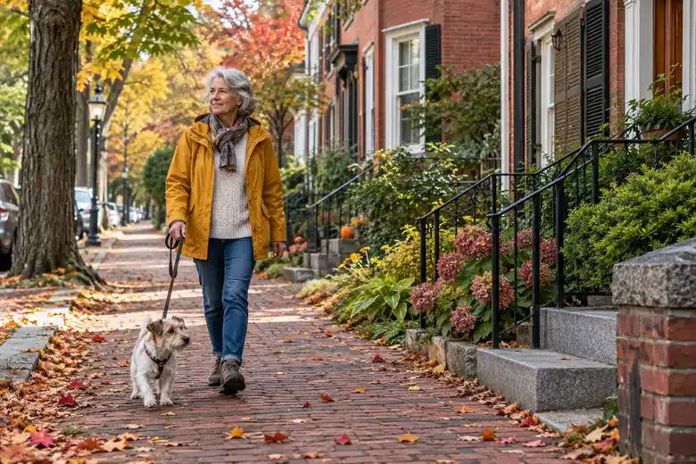 Older woman walking a terrier on a leafy residential sidewalk