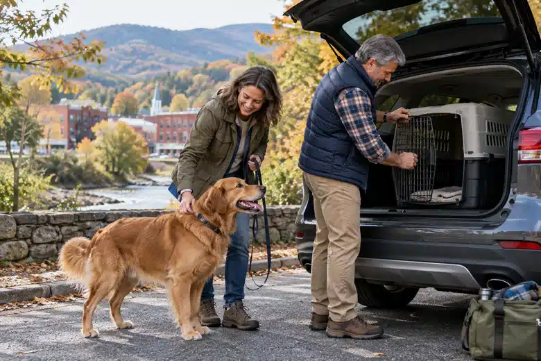 Couple preparing a pet carrier beside a vehicle in a leafy foothill town
