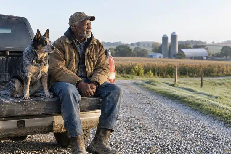Farmer and cattle dog sit beside a pickup on an Iowa driveway