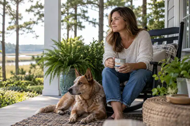 Owner and cattle dog relaxing on a pine-shaded North Carolina-style porch