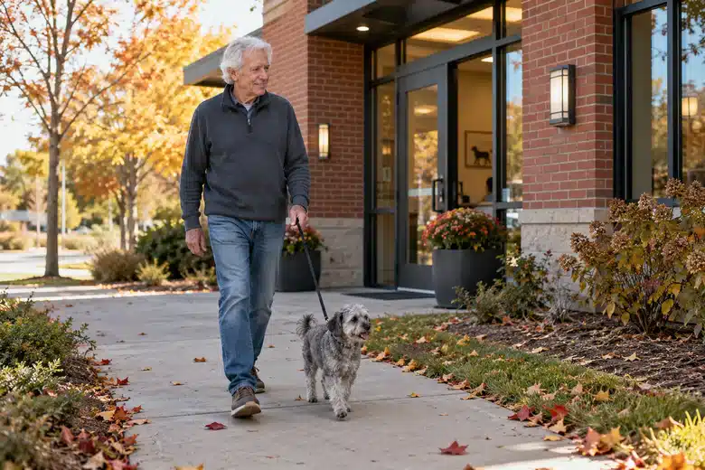 Older man walking a small gray dog outside a brick building