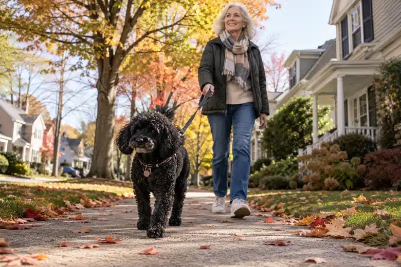 Older woman walking a black poodle along an autumn residential sidewalk