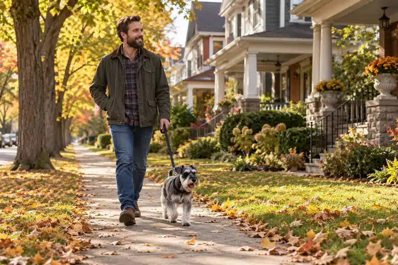 Man walking a schnauzer along a leafy residential sidewalk with porches