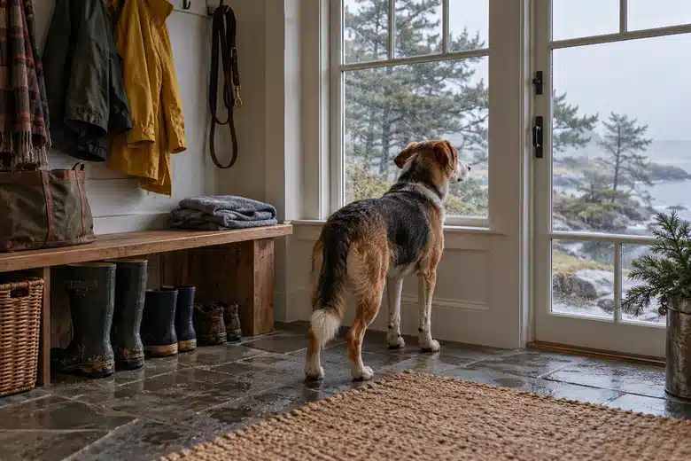 Dog in a Maine-inspired coastal mudroom
