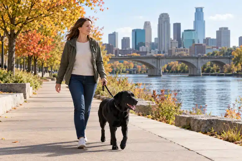 Dog and owner walking on an urban riverfront path in early autumn