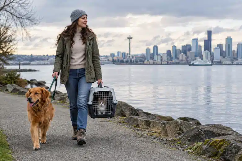 Pet owner on a Seattle waterfront path with dog and carrier