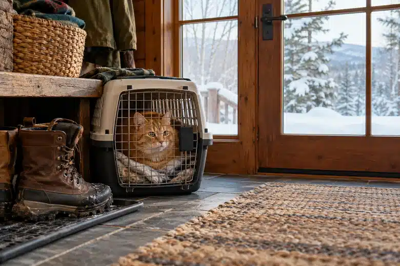 Cat waits in a secure carrier in a snowy rural mudroom.