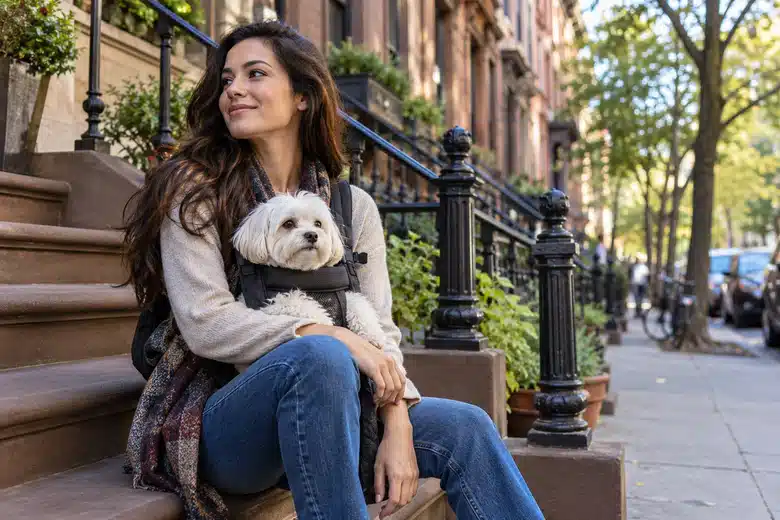 Woman holding a small dog on an urban apartment stoop