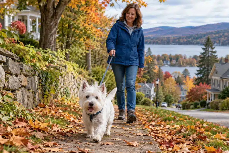 Illustrative scene: terrier and owner outdoors in autumn