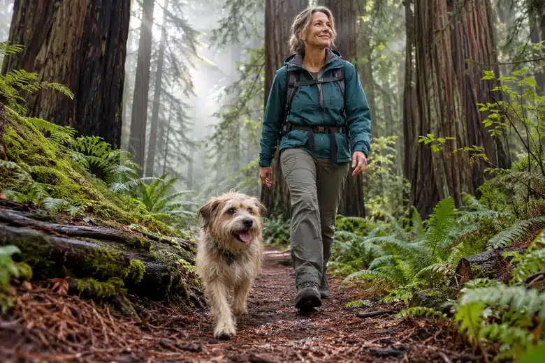 Terrier and owner on a Northern California redwood trail