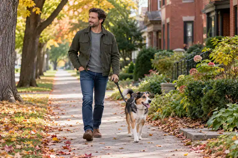 Owner and mixed-breed dog on an autumn residential sidewalk
