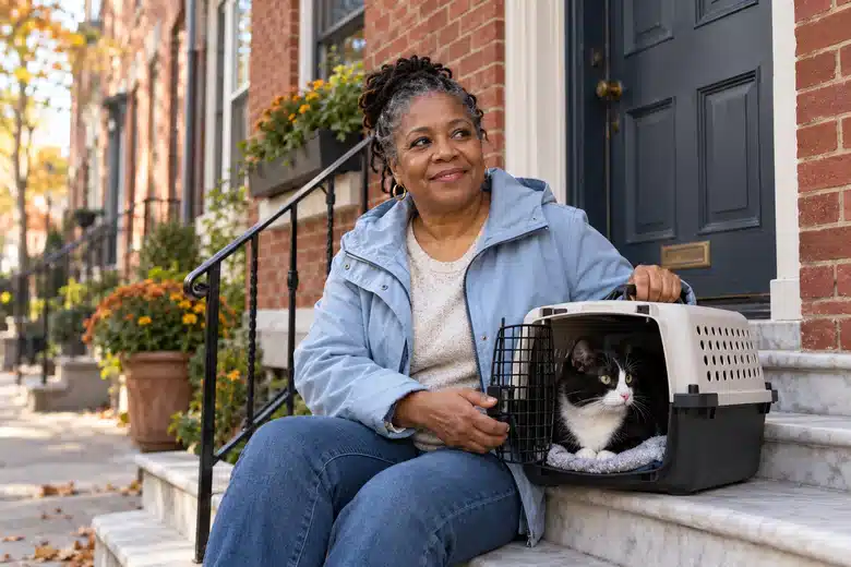 Woman with a cat carrier on brick-rowhouse steps