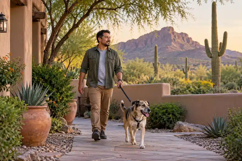 Owner walking a dog through a shaded Phoenix adobe courtyard