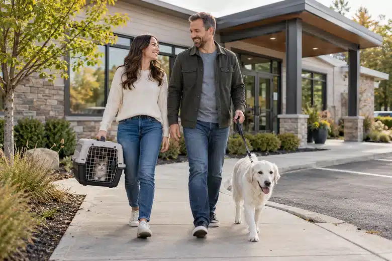 Two owners arriving at a clinic with a dog and cat carrier