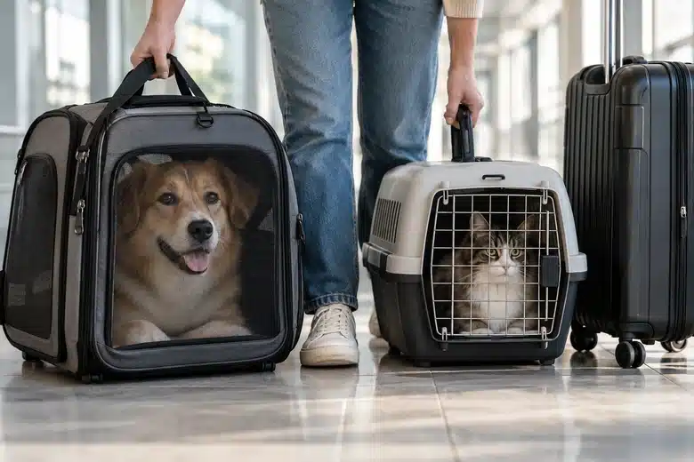 Dog and cat in separate travel carriers beside luggage in a neutral hallway