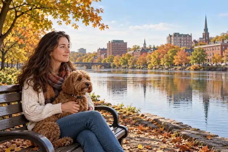 Woman and curly-coated dog beside an autumn riverside park