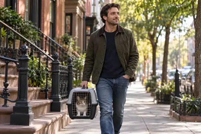 A man carries a cat carrier past brick homes and trees