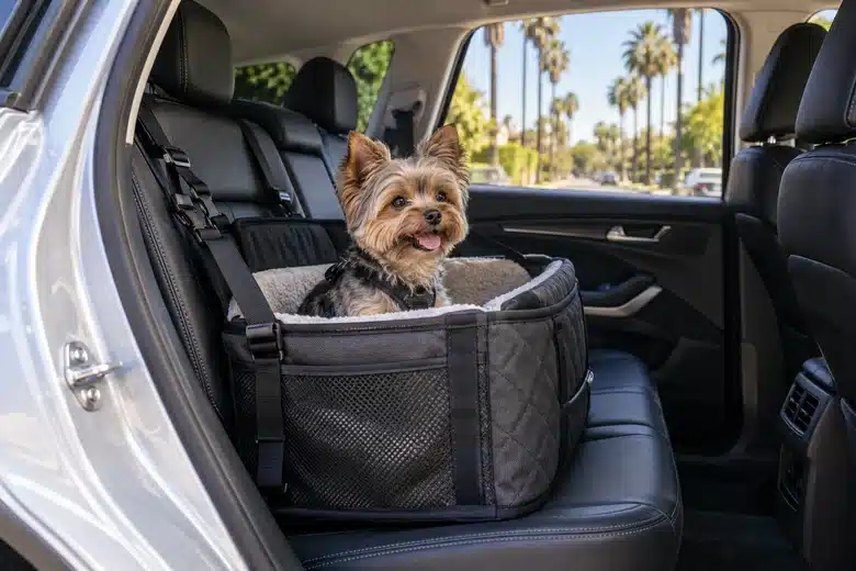 Small dog secured in a carrier in a parked car on a palm-lined residential street