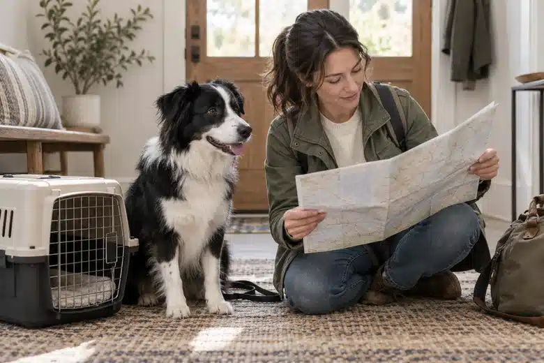 Dog near a carrier while owner studies a generic map