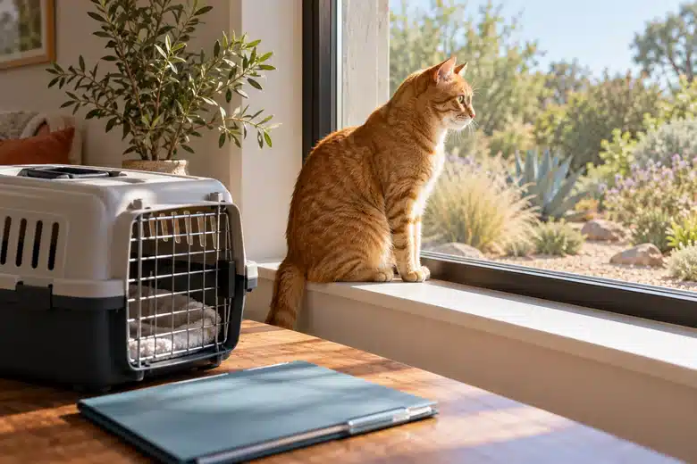 An orange cat watches from a window beside its travel carrier