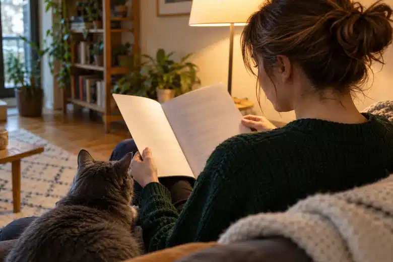 Person reading an unbranded folder beside a grey cat in an apartment