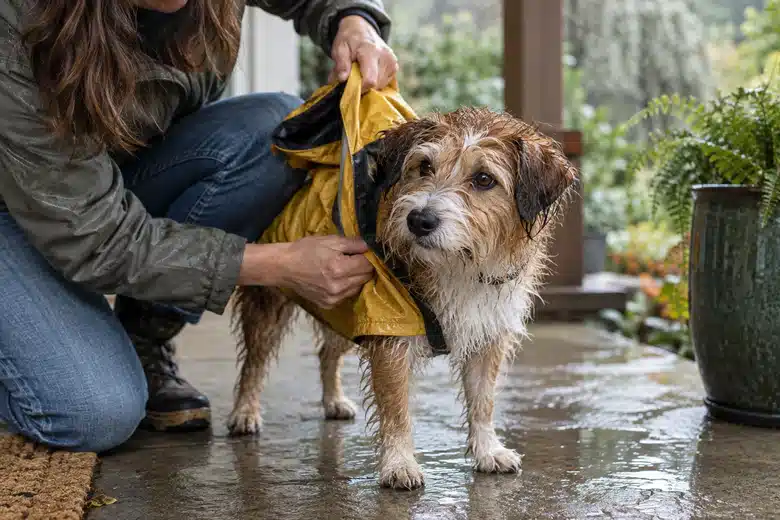 A rainy-day pet routine provides context for evaluating service claims without treating a photograph as local evidence
