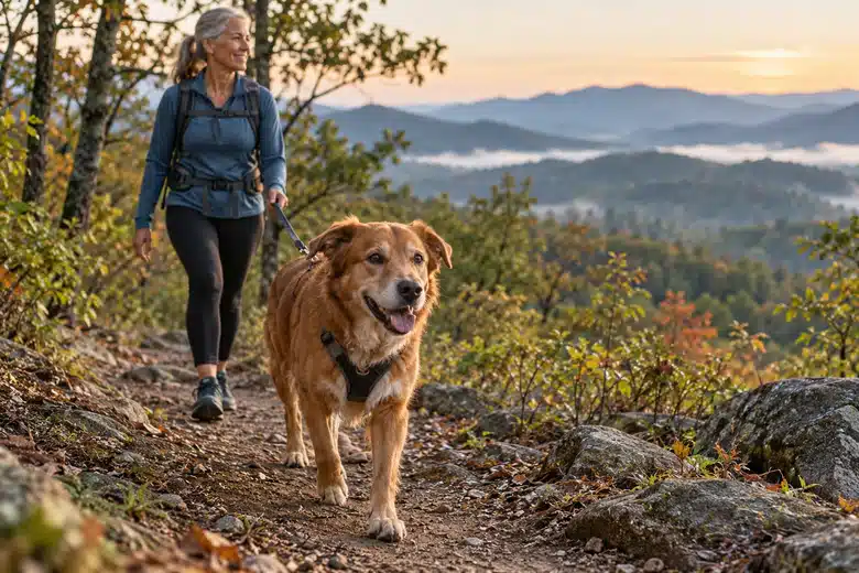 Illustrative scene: dog and owner walking in a mountain landscape