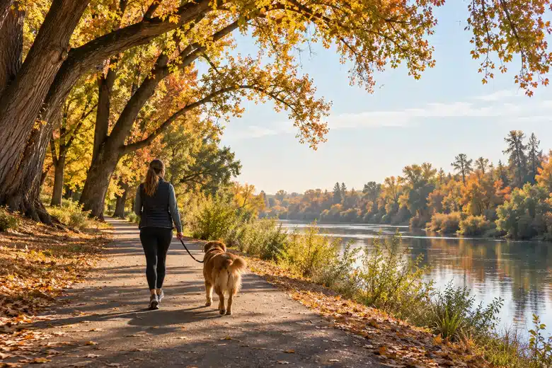 Owner and dog walking beside a river under autumn trees
