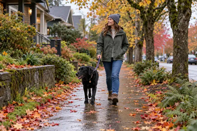 Owner walking a black dog on an illustrative Pacific Northwest residential path