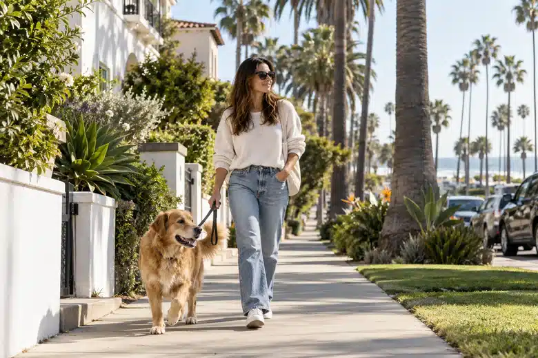 Owner and dog on a palm-lined Santa Monica-style residential sidewalk