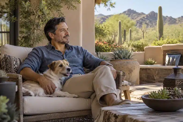 Man with a small terrier in a shaded Arizona courtyard