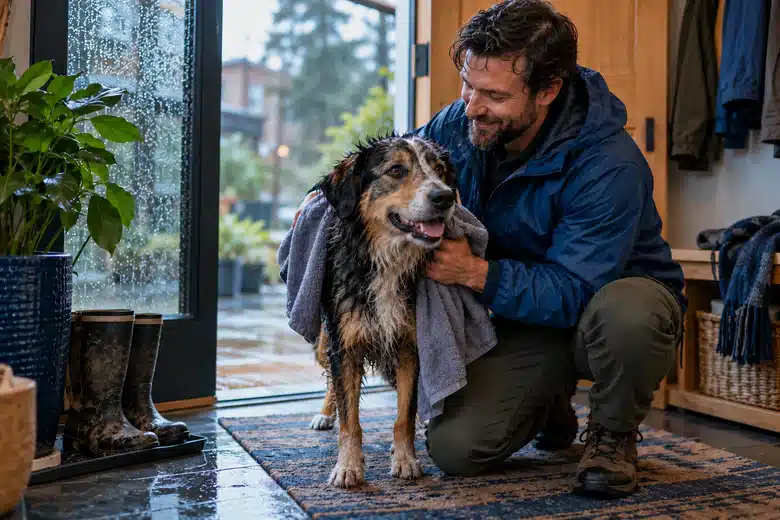 Man toweling a wet dog in a cedar-toned entryway with rain on the window